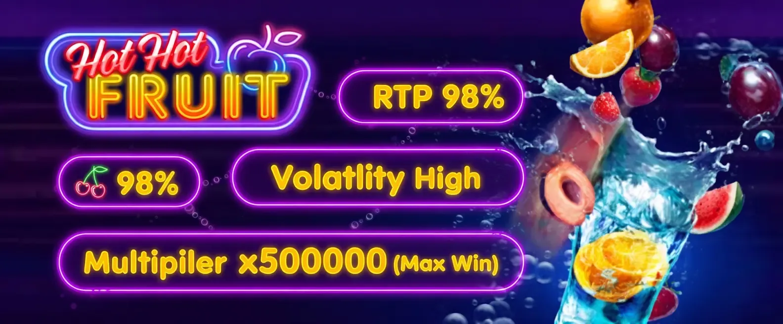 Hot Hot Fruit slot key specifications infographic — RTP, volatility, max win